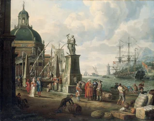 Ein Capriccio eines Mittelmeerhafens mit Kaufleuten, einem eleganten Paar am Kai, vor einer Statue der Hoffnung und einer barocken Kirche, einem Leuchtturm, einem niederländischen Kriegsschiff und anderen Schiffen dahinter, 1700