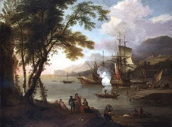 Ein Capriccio eines Mittelmeerhafens mit Schiffen, Kaufleuten und Hafenarbeitern