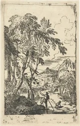 Bergige Landschaft mit Bäumen und Mann mit Hund