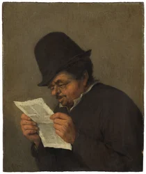 Büste eines alten Bauern, der eine Zeitung liest
