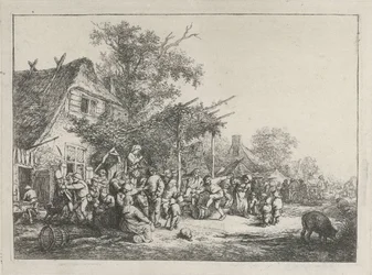Tanzende Bauern vor einem Gasthaus