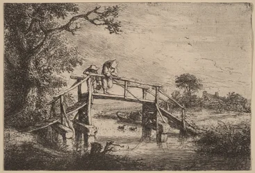 Landschaft mit einer Brücke und zwei Fischern