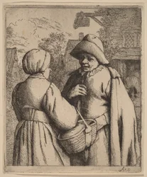 Mann und Frau im Gespräch vor einem Gasthaus