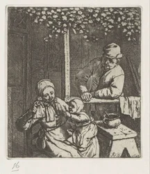 Mutter mit Kind auf dem Schoß, das nach einer Puppe greift