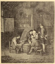 Bauern um ein Fass in einem Gasthaus