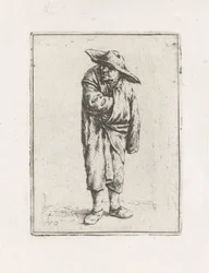 Staande boer met hand in zijn mantel