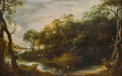 Landschaft mit dem Engel Raphael und Tobias, der den Fisch aufschneidet (Tobit 6,1-5)