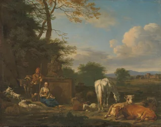 Arkadische Landschaft mit ruhenden Hirten und Tieren