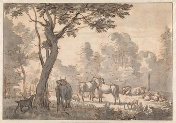Baumreiche Landschaft mit Pferden, Kühen und Ziegen