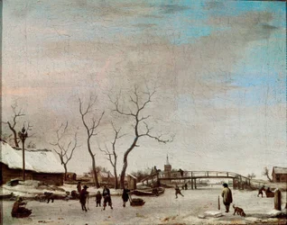 Gefrorener Fluss mit Schlittschuhläufern