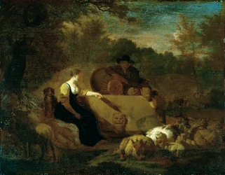 Schäfer und Schäferin mit ihrer Herde an einem Brunnen