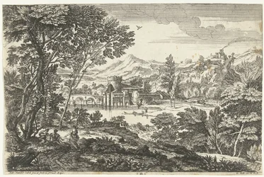 Landschaft mit drei Personen unter einem Baum (Landschaften, Serie fünf)