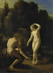 Eine Nymphe tanzt zur Flöte eines Hirten