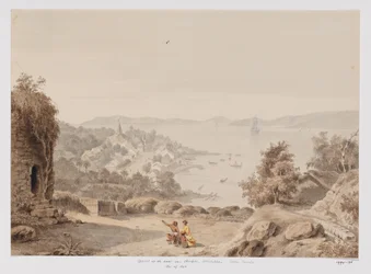 Ansicht von Ternate und der Reede von Ternate, die Westküste von Halmahera, Nord-Molukken