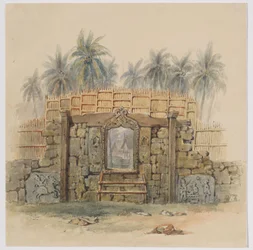 Korallensteinmauer mit gerahmter Öffnung zum Dorf Dula (Dullah), Insel Dullah, Kai-Inseln, Südost-Molukken