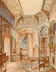 Badezimmerinterieur im maurischen Stil, Illustration aus „La Décoration Intérieure“, veröffentlicht ca. 1893-94