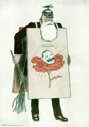 Karikatur von griechischem Premierminister Stephanos Skouloudis (1836-1928) Zeichnung von Adrien Barrere (1874-1931) in Fantasio 01/10/1916