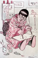 Karikatur zeigt Tsuguharu Fujita, getauft Leonard Foujita, französischer Maler japanischer Herkunft (1886-1968). Zeichnung von Barrere in Fantasio, am 01.04.1927.