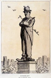 Charlot in Statue mit Schrift auf dem Sockel: „A Charlot, der dankbaren Menschheit“ (Charlot ne s