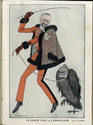 Illustration von A Barrere (1874-1931) in „Fantasio“, 01/04/15 - Graf Tisza oder der Stopfer - Krieg von 14-18, Österreich, Ungarn - Adler, Franz Joseph I. von Österreich, Tisza Istvan - Vermenschlichung