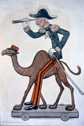 Moulaï - Hubert (Louis-Hubert-Gonzalve) Lyautey (1854-1934), Karikatur von Lyautey in Marokko - von Barrère, in „Fantasio“ vom 15.06.1912