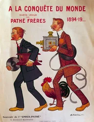 Plakat über die Pathe-Brüder: „A la conquete du monde“ Charles Pathe und sein Bruder Emile mit Phonographen und Projektoren. Illustration von Adrien Barrere (1877-1931) 20. Jahrhundert Paris, Bibliothek des Arsenal