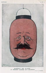 Robert Pelleve de La Motte-Ango, Marquis de Flers, französischer Dramatiker (1872-1927). (Die erste Laterne der Akademie). Karikatur von Barrere in 