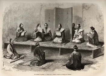 Ein Kriegsrat in Edo (heutiges Tokio), der die Offiziere des Taicoun (Oberhaupt der weltlichen Macht) versammelt, um einer Aufruhr der Daimios (japanischer Adel) kurz vor der Meiji-Restauration (1868) zu begegnen, Gravur nach A. Marie
