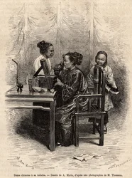 Chinesische Dame bei ihrer Toilette. Gravur nach einer Zeichnung von A. Marie, um die Reise nach Peking und Nordchina von T. Choutze in 1873 zu illustrieren, veröffentlicht in "Le tour du monde" 1876, herausgegeben von Edouard Charton, Hachette-Ausgabe, Pa