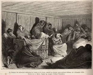 Das Innere des Wagens der militärischen Aerostaten der Loire-Armee, alle schlafen, angehängt an den letzten Zug, der Orleans am 5. Dezember 1870 verlässt, Gravur nach einer Zeichnung von A. Marie, die eine Studie über Luftschiffwracks illustriert, von Gast