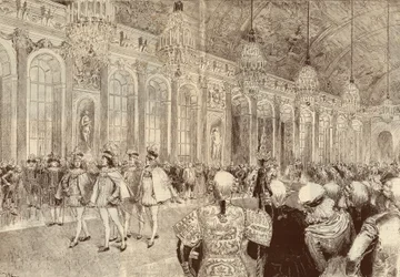 Die Prozession der Ritter des Ordens des Heiligen Geistes in der Eishalle des Schlosses von Versailles am Pfingsttag 1789. Zeichnung von Adrien Marie aus dem Jahr 1889