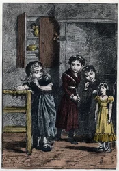 Die beiden Töchter der Thénardiers, Éponine und Azelma, betrachten Cosette, die die Puppe Catherine erhalten hat - Illustration von Adrien Marie (1848-1891) zu „Die Elenden - Zweiter Teil: Cosette“ von Victor Hugo (1802-1885), 1862