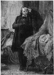 Victor Hugo beobachtet ein schlafendes Kind in seiner Wiege. Illustration aus „Geschichte eines Verbrechens“ von Victor Hugo (1802-1885). Illustration von M. A. Marie