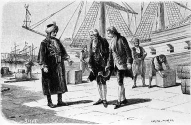 Gravur von Adrien Moreau (1843-1906), die „Candide“ von Francois Marie Arouet, genannt Voltaire (1694-1778), illustriert