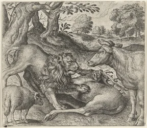 Fabel vom Löwen, der Kuh und dem Schaf auf der Jagd