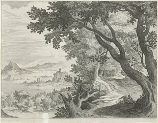 Landschaft mit zwei Figuren unter einem Baum