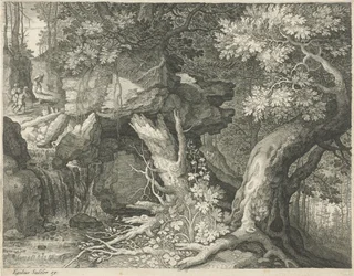 Reisende über einem Wasserfall (Serie: Sechs Landschaften)