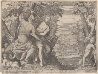 Angelica und Medoro, sie stehen neben einem Bach, während Medoro ihre Namen in einen Baum schnitzt, 1590-1598
