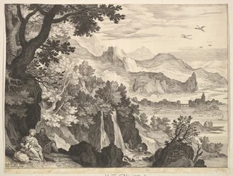 Gebirgige Landschaft mit der Rast auf der Flucht nach Ägypten