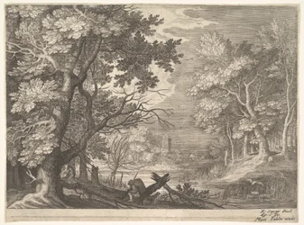 Waldszene mit sumpfigen Ufern, zwei Männer und ein Hund im Profil links, zwei langhalsige Vögel, ca. 1600