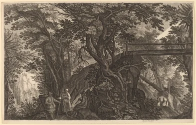 Waldlandschaft mit zwei Männern und einer Frau, die sich in der Nähe einer Brücke ausruhen