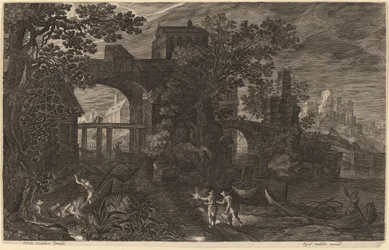 Nächtliche Landschaft mit Flussfischern vor Stadtmauern