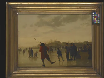 Gefrorene Flusslandschaft mit Schlittschuhläufern