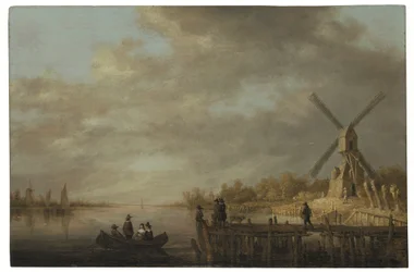 Eine Flusslandschaft mit einer Windmühle und vornehmen Leuten in einem Ruderboot und auf einem Steg im Vordergrund