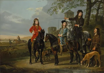 Reiterporträt von Cornelis und Michiel Pompe van Meerdervoort mit ihrem Tutor und Kutscher, auf der Jagd