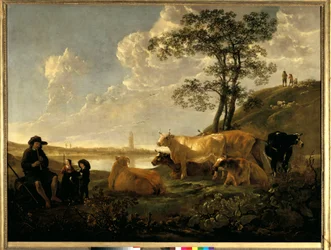 Landschaft bei Rhenen: weidende Kühe und ein Hirte, der Flöte spielt