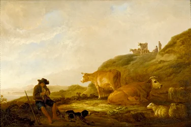 Sitzender Schäfer mit Kühen und Schafen auf einer Wiese