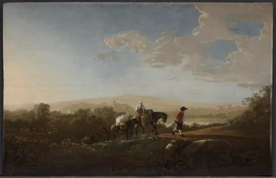 Reisende in hügeliger Landschaft
