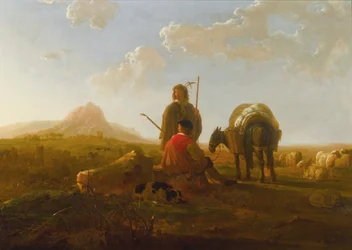 Zwei Hirten in einer hügeligen Landschaft