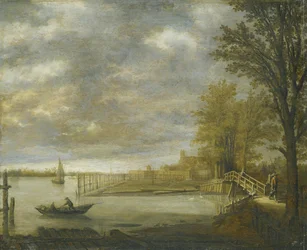 Blick auf Dordrecht von Süden, im Vordergrund die Holzlagerplätze
